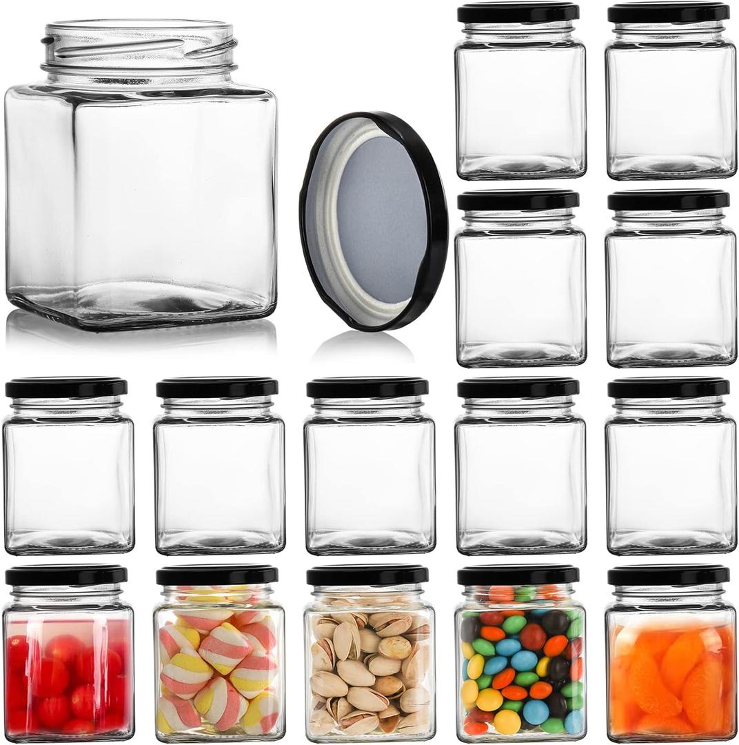 Jucoan 15 Pack Square Glass Jar with Black Airtight Metal Lids, 10 oz Small Glass Mason Jar Canning Jars for Jam, Spices, Honey, Jelly, Baby Shower, Wedding Favor