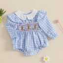Adobabirl Infant Baby Girl Outfit Newborn Bow Bubble Romper Long Sleeve Embroidery Jumpsuit Cute Smocked Clothes (Blue)
