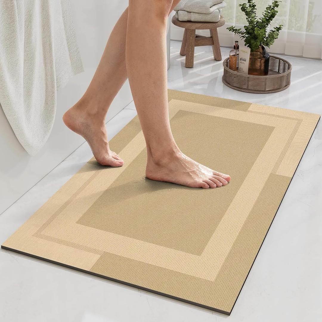 Non Slip Bath Mat, Rubber Backing Ultra Thin Bathroom Rugs Fit Under Door Quick Dry Super Absorbent Washable Bath Rug Shower Mat for Bathroom Floor Bathtub Shower Sink, Easy Care Brown 16"x 24"