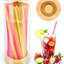 Straws Holder Dispenser for Counter, 10-Inch Drinking Straw Dispenser,Acrylic Straw Organizer with Bamboo Lid,Includes 100 Straws,Transparent Straw Storage Container for Kitchen,Pencils and Silverware