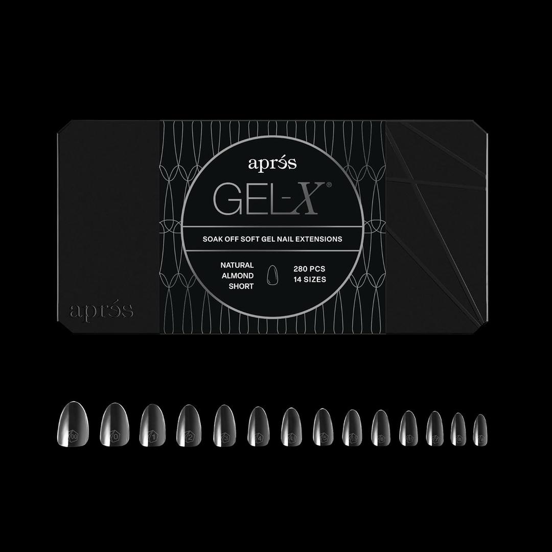 Aprs Gel-X Almond Box of Nail Tips | 280 Gel-X Tips, Soft Tips, 14 Sizes 00-9 | Half-sizes Included (Natural Almond Short, 280 Count)