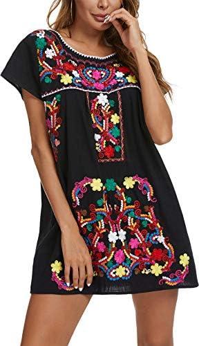 YZXDORWJ Women Mexican Embroidered Dress Short Sleeve, Small