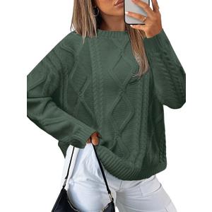 MixShe Women's Oversized Crewneck Cable Knit Sweaters Fall Fashion 2025, Dark Sage,Large