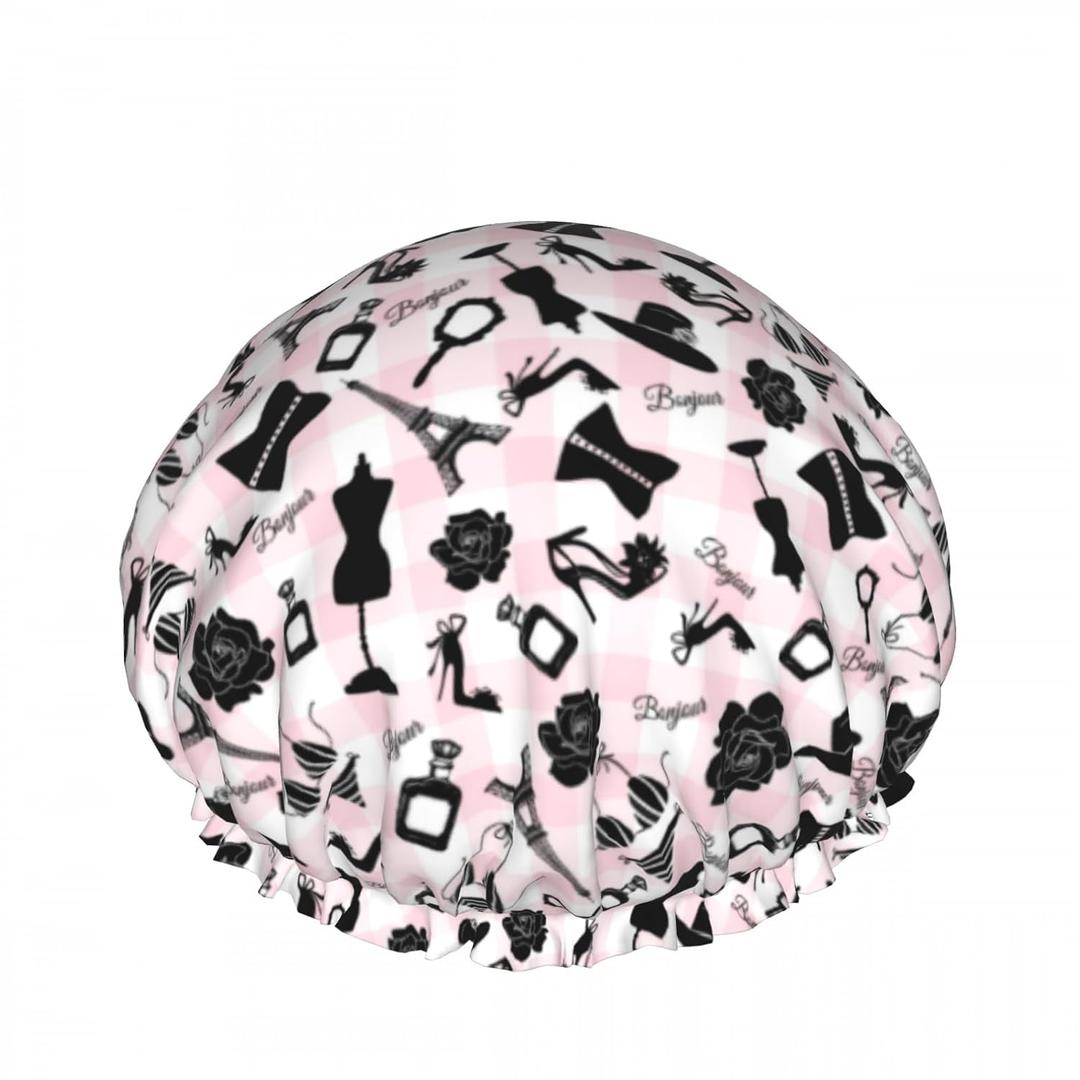 Fashion Pink Checkered Double Layer Waterproof Shower Cap for Women Reusable Bath Cap for All Long Hair Lengths Soft Bath Shower Hat