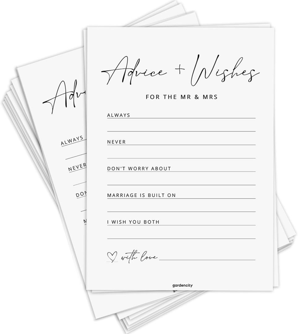 GardenCity Advice and Wishes for the Mr and Mrs, Bridal Shower Games for 50 Guests, Bridal and Wedding Shower Advice Cards, 50 Cards, Minimalist
