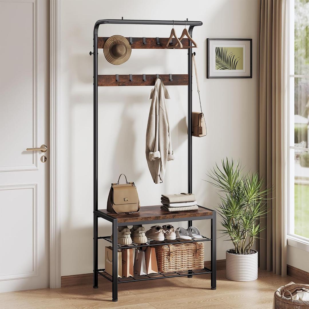 NEWBULIG Coat Rack, Hall Tree with Shoe Bench, 4-in-1 Entryway Organizer with 10 Hooks and Storage Shelf, Rustic Wood Entryway Bench for Mudroom, Living Room, Bedroom, Brown
