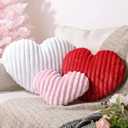 Valentines Day Decor, 3Pcs Plush Faux Fur Striped Valentines Day Pillows, Red Pink White Heart-Shaped Cushions Valentines Decor for Valentines Gifts, Bedroom, Sofa, Holiday Pillows