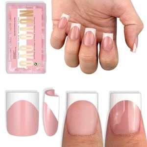 NOVO OVO Short Sharp Square White French Tip Nail Tips Press on BABY PINK, Need Builder Gel Top Coat Nail Glue, Soft Gel Fake Nail Extension, Full Cover False Nails for Salon DIY x 15 Sizes 240 pcs