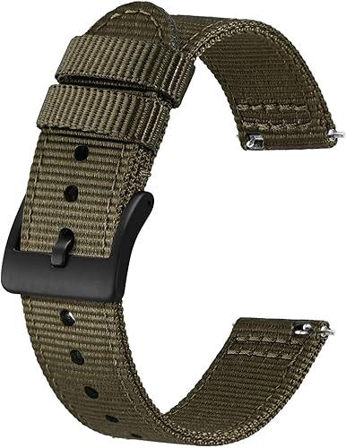 BISONSTRAP Men’s Nylon Watch Bands, Two-Piece Military Watch Straps, Quick Release, Brushed Buckle, 19mm, (Green)