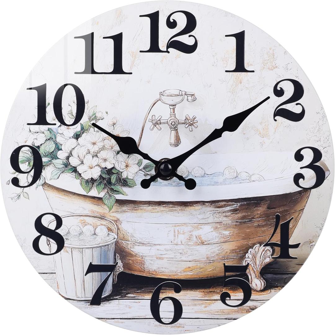 Bathroom Wall Clock Rustic Style Waterproof Glass Wall Clocks for Bathroom, Shower Wall Decor (8 Inch, Brown)