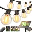 addlon 50ft- 25 Sockets Solar String Lights Outdoor with Remote,  Shatterproof G40 Bulbs, Solar Powered & USB Charging Patio Lights, Dimmable Waterproof Solar String Lights for Outside, Camping, Backyard