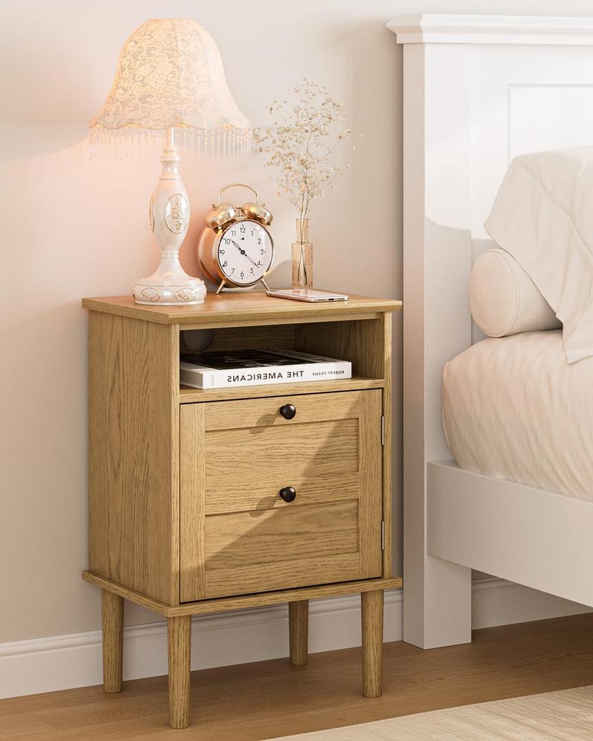Nightstand, Boho Night Stand with 1 Drawers, Modern Side Accent Table with Open Shelf, Wooden Top Bedside End Table for Bedroom, Living Room, Yellow Oak
