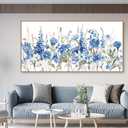 tigeridge Blue Floral Framed Wall Art - Vibrant Blue White Iris and Daisy Canvas Pictures Wall Decor Flower Painting Artwork Elegant Botanical Prints Living Room Decor 40 x 20in, Natural Wood Frame