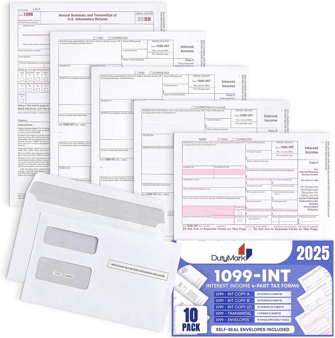 1099 INT Interest Tax Forms Set 4 Part 10 Pack for 2025 And Self-Seal envelopes. Kit For 10 Vendors, Laser Forms Designed for QuickBooks and Accounting Software