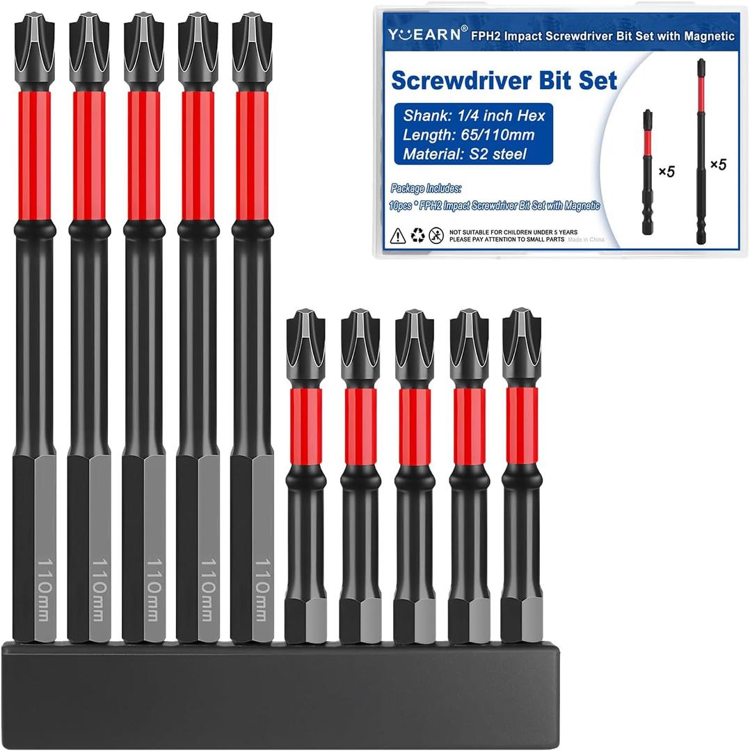 FPH2 Impact Screwdriver Bit Set - S2 Steel 65mm & 110mm Slotted Heads 1/4 Inch Hex Shank, Cross Slot Screw Driver Drill Bits, FPH2 Bits with Magnetic for Electricians (10pcs)