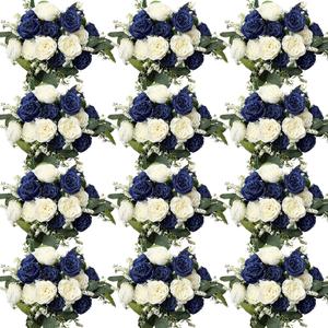 Peonies Artificial Flowers Bulk, 12 Bundles Fake Silk Peonies Faux Eucalyptus Bouquet Realistic Peony Floral Arrangement for Wedding Table Centerpiece Vase Decor (Royal Blue & White)