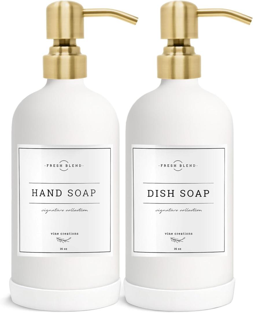 Vine Creations White Glass Soap Dispenser, 2 Pack Kitchen Soap Dispenser Set with Stainless Steel Pump, 16 oz Dish Soap and Hand Soap Dispensers for Bathroom with Waterproof Labels (Matte White Bottle / Brushed Gold Pump)