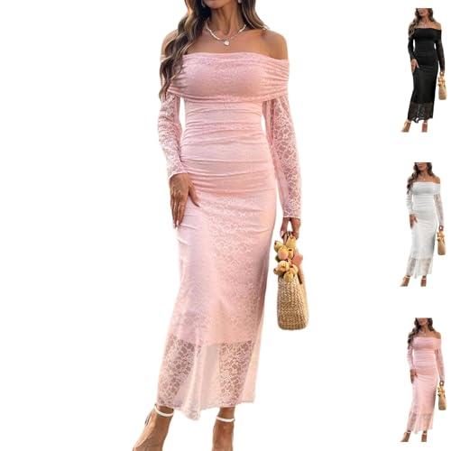 Women's Off the Shoulder Lace Formal Cocktail Ruched Dress Ladies Elegant Dusty Pink Wedding Guest Evening Party Porm Grown Club Semi Night Going Out Fishtail Long Sleeve Maxi Long Bodycon Dresses M