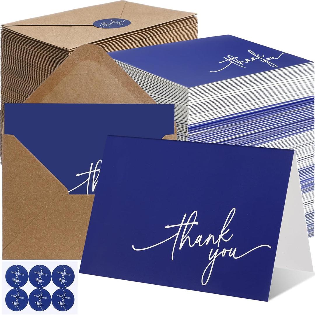 Gueevin 200 Pcs Thank You Cards with Kraft Envelopes and Stickers Bulk, 3.5 x 5 Inch Classy Blank Thank You Notes for Wedding, Business, Graduation, Baby Shower, Bridal Shower, Funeral(Navy Blue)