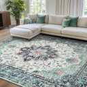 Area Rugs 8'x10' Washable Non-Slip, Floral Vintage Distress Print Pattern Medallion Carpet for Living Room Bedroom Dining Room,  Teal Green/White/Blue/Navy/Red