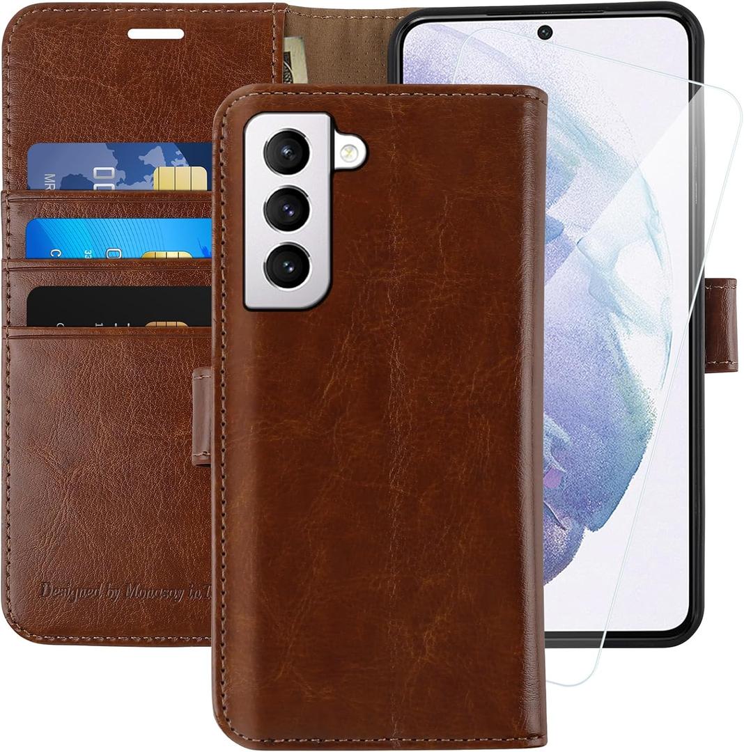 MONASAY Wallet Case Compatible for Galaxy S22 5G, [Included Screen Protector][RFID Blocking] Flip Folio Leather Cell Phone Cover with Credit Card Holder, Brown