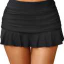 Tempt Me Women Ruched Ruffle Swim Skirt - 2025 Mid Rise Tummy Control Bikini Swimsuit Bathing Suit Skirt Bottom (Black, Medium)