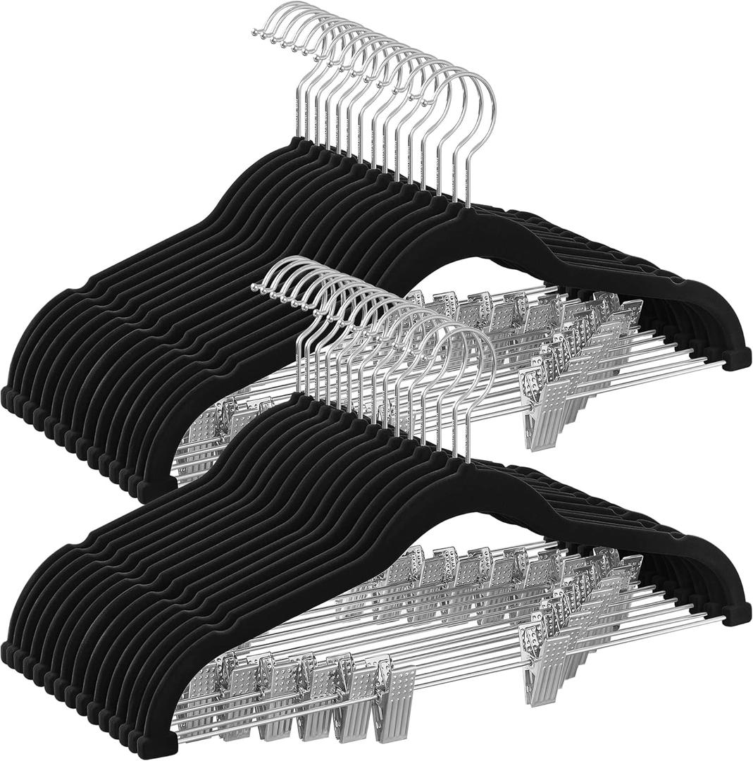 SONGMICS 23-Pack Pants Hangers, 16.7-Inch Long Velvet Hanger with Adjustable Clips, Heavy-Duty, Non-Slip Skirt Hangers, Space-Saving for Pants, Skirts, Coats, Dresses, Black UCRF12B30