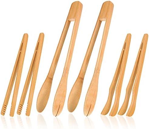 Zopeal 6 Pcs Bamboo Utensils for Cooking Wooden Toaster Tongs Long Cooking Salad Tongs for Picking up Cheese Bacon Toast Cake Fruits Bread Spaghetti for Kitchen Women Men