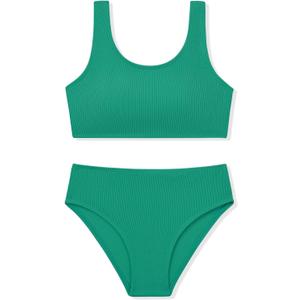 Girls Two Piece Swimsuits Ribbed Bikini Sets Swimming Bathing Suit Beach Sport Athletic Teen Girls Swimwear (11-12 Years, Glossy Green)
