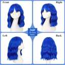 Earfodo Short Blue Wavy Wigs with Bangs Navy Blue Wig for Women 14Inch Blue Color Hair Shoulder Length Heat Resistant Cosplay Wigs for Halloween Cosplay Daily Party Use