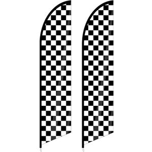 2 Pcs Black and White Checkered Feather Flag Checkered Swooped Racing Flags Windless Full Sleeve Banner Finish Line Sign for Races Events Party Supplies(No flagpole)