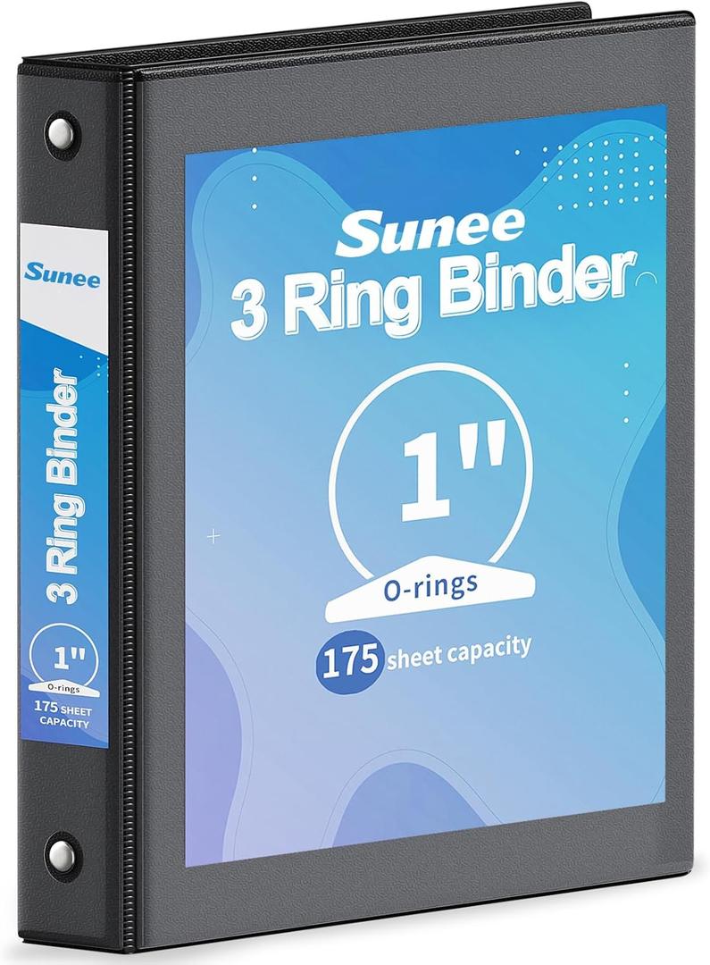 SUNEE 3 Ring Binder 1 Inch 1 Pack, Clear View Binder Three Ring PVC-Free (Fit 8.5x11 Inches) for School or Office Supplies, Black