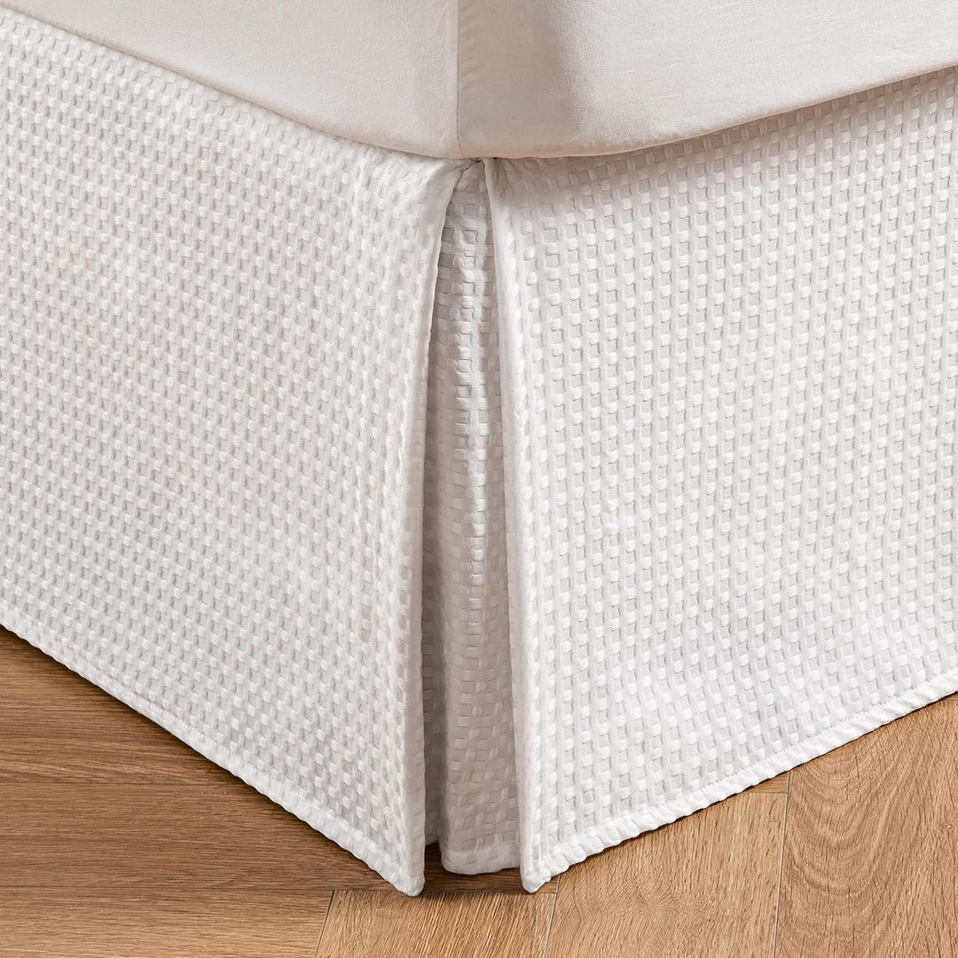 MIYE Pleated Waffle Weave Bed Skirt, Tailored Dust Ruffle 14 Inch Drop Easy Fit, Machine Washable,No Split Corners (White, Queen - 14" Drop)