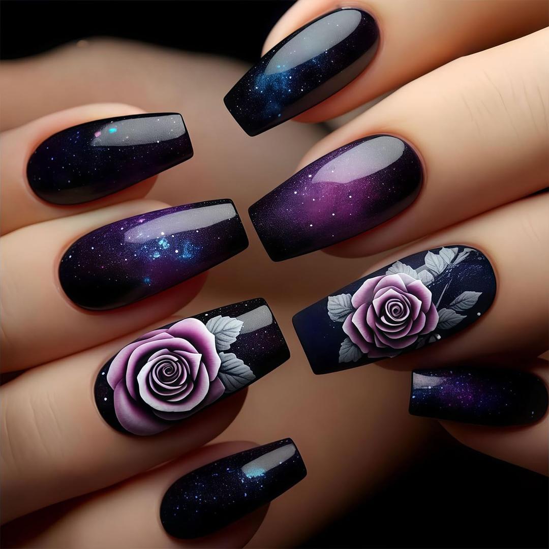 Medium Press on Nails Coffin Shape Acrylic Fake Nails Press Ons Black Gradient False Nails with Starry Sky Designs Purple Flower Stick on Nails Reusable Glue on Nails for Women Girls 24Pcs (A23)