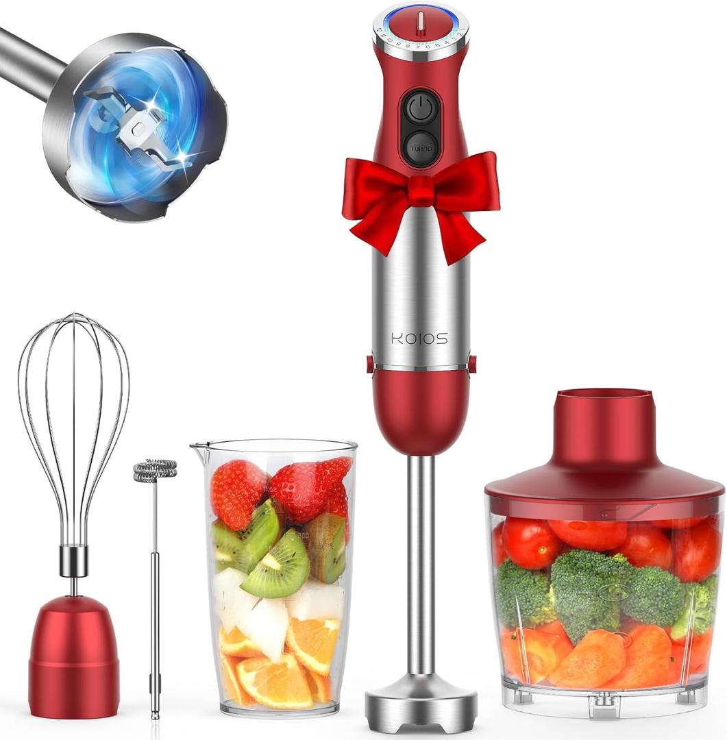 KOIOS 5-in-1 Hand Immersion Blender, 1000W 12 Speed Handheld Blender Stick with Copper Motor Stainless Steel Blade, 600ml Mixing Beaker,500ml Food Processor, Whisk, Milk Frother, Non-BPA, Red
