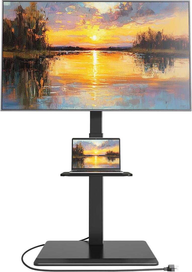 Steel Base Floor TV Stand with Power Outlet for 32-75 inch TVs up to 110 lbs, Leveling & Tilt & Swivel TV Stand with Hidden Wire Management, Height Adjustable TV Stand with Steel Shelf, Black
