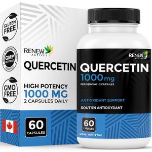 Renew Actives Quercetin 1000MG per 2 Capsules Max Potency Natural Bioflavonoid for Antioxidant Protection Neutralizes Free Radicals & Supports Blood Vessel Health Made in Canada 60 Capsules (BBD: 02/2026)