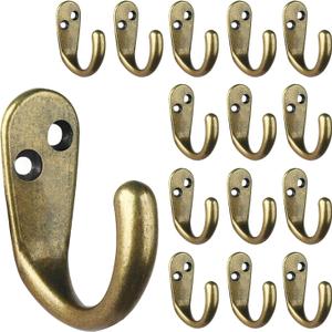 IBosins 15PCS Coat Hooks Wall Mounted Single Prong Robe Hook for Hanging Towel Hooks with 30 Screws for Bags, Hat, Cap, Scarf, Cup (Antique Brass)