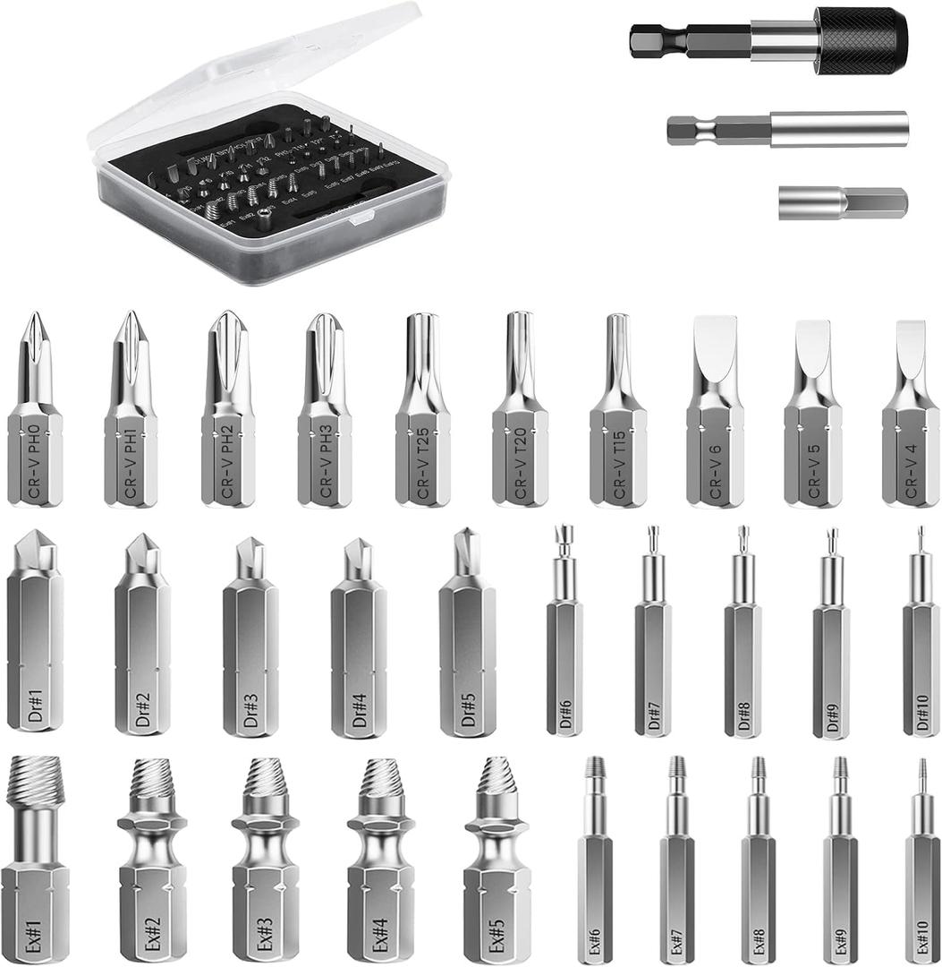 Screw Extractor Set 33 Piece  Easy Out Drill Bits for Stripped Screws, Nuts & Bolts | Gifts for Men, Dad, Husband | Christmas Stocking Stuffers & Handy Tool Kit