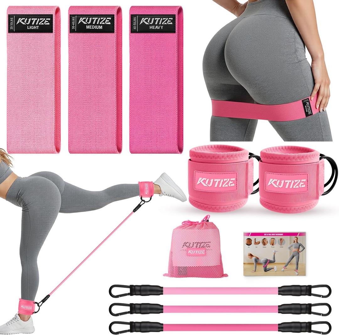 KUTIZE Ankle Resistance Bands with Cuffs & Fabric Resistance Bands Set - Legs & Glutes Workout Equipment for Women & Men, Home Gym Heavy Exercise Bands for Hip, Yoga, Strength Training, Rehab, Pilates (Pink)