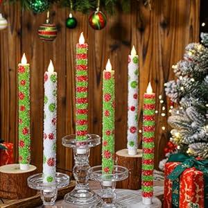 Baquler 6 Pcs Christmas Flameless Taper Candles 10.6 Inch Elf Theme Candles Battery Operated LED Christmas Candlesticks for Xmas Centerpiece Holiday Party Decor