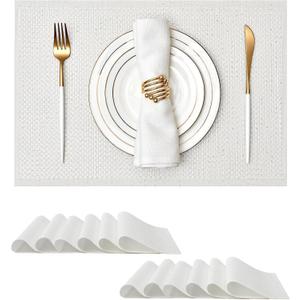 Leetaltree Sparkling Translucent White Sequin Woven Vinyl Placemats, Set of 12 - Waterproof & Washable Dining Table Mats for Wedding, Anniversary, Daily Use, Hand-Cut