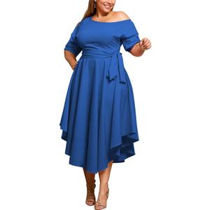 Plus Size Women Wedding Guest Dress Off Shoulder Boat Neck Irregularly Flowy Midi Church Dress, Size XXL