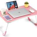 FISYOD Foldable Laptop Table, Portable Lap Desk Bed Table Tray, Laptop Stand with Cup Holder & Tablet Slot & Lifting Handle for Working Writing Drawing & Eating (Pink)