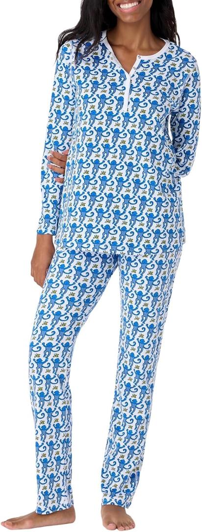 Womens Henley Pajamas Set 2 Piece Long Sleeve Monkey Print Lounge Sets Preppy Sleepwear Pjs for Bridal Party, Holiday & Travel Outfit(Blue, XX-Small) (XS)
