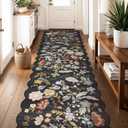 3x10 ft Long Hallway Runner Rug Non-Slip Washable Kitchen Floor Mat with Rubber Backing, Boho Vintage Floral Soft Low-Pile Thin Wide Carpet for Bedroom, Entryway Indoor (Black,3x10)