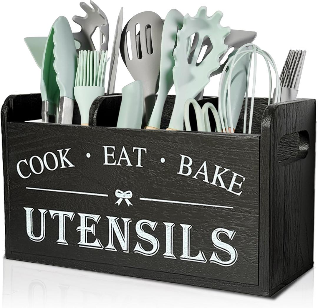 Wooden Kitchen Utensil Holder with 3 Compartments, Utensil Storage Organizer for Kitchen Counter, Farmhouse Decor & Rustic Cooking Tools Storage(Black)