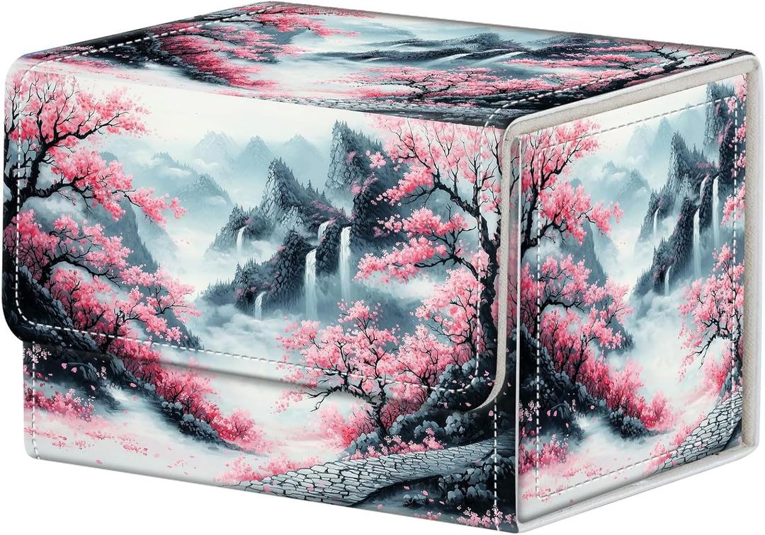 Stylish MTG Deck Box for 110+ Cards, Magnetic Commander Deck Case with Bonus Game Card Pouch, Durable Storage for TCG and Sleeved Magic Cards, Pink Trees and Mountains