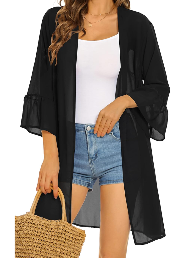 Women's Kimono Cardigans Floral Chiffon Loose Open Front Casual Summer Tops, Size L
