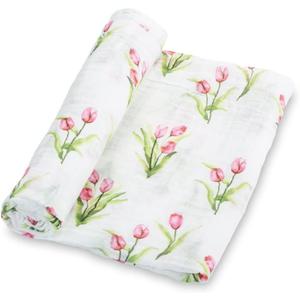 LollyBanks Baby Swaddle Blanket, 100% Muslin Cotton Muslin Blankets for Girls, Large 47 x 47 Inches Soft and Breathable Swaddles for Newborns, Gentle Baby Wrap Swaddle, Registry (Tulip Print)